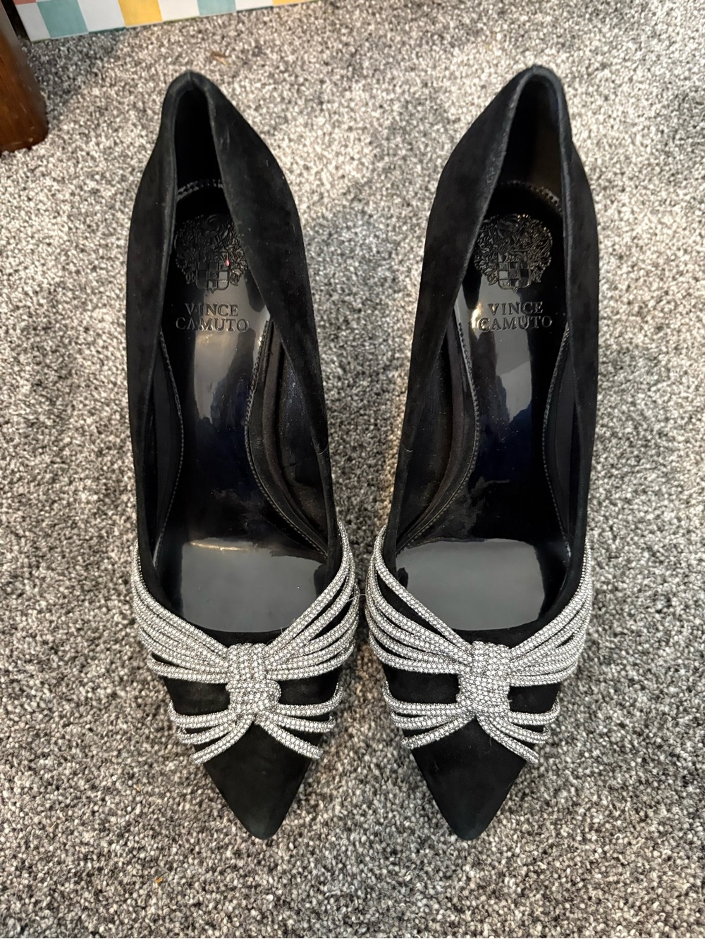 Vince Camuto Black Suede Pointed Toe Heels with Silver Crystal Knot